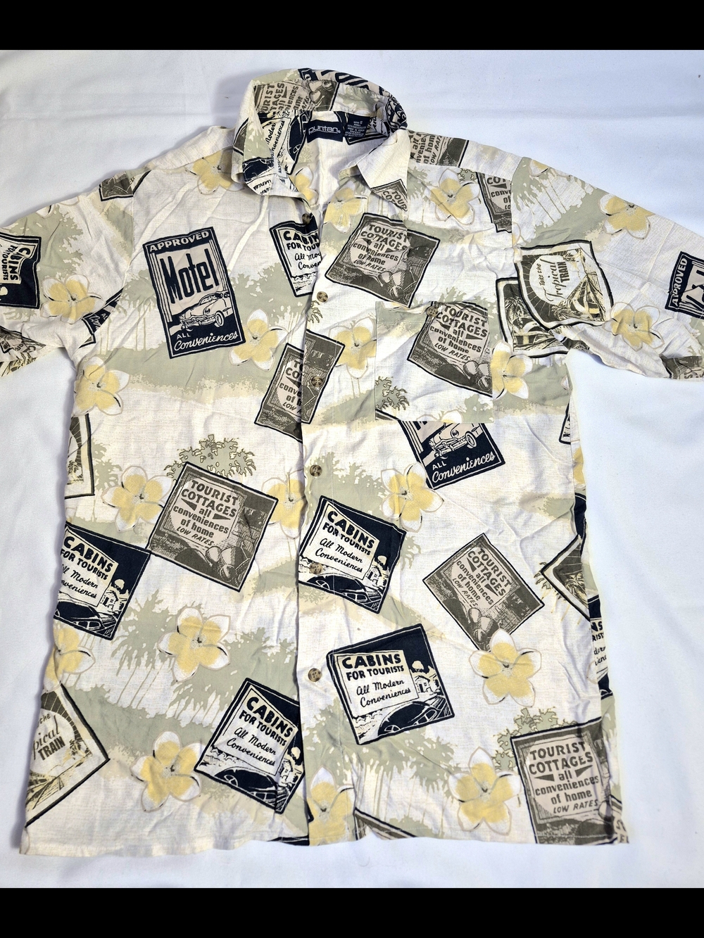 Vintage Puritan Retro Motel Travel Signs Floral Lounge Hawaiian Aloha Camp Shirt